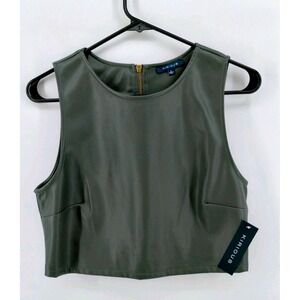 Kirious Faux Leather Crop Top Sleeveless Dark Green Tank Top Full Back Zip‎